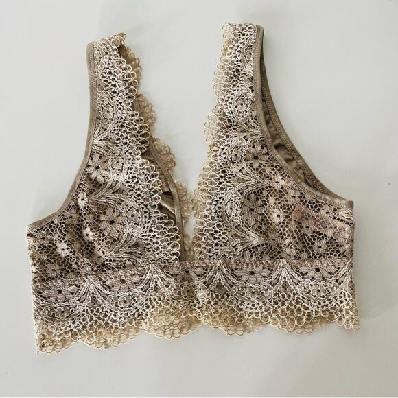 NEW VS VICTORIAS SECRET Nude Tan Cream Lace Plunge Long Line Bralette Bra XS - Picture 3 of 6